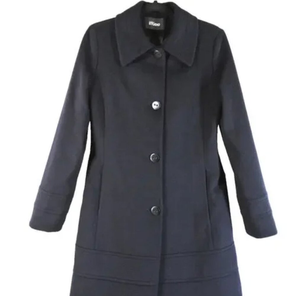 Fleurette Studios Wool Blend Fit & Flare Coat in Navy Blue Size 12 $1050 MSRP